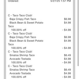Receipt of items. Baja Crispy Fish Taco.