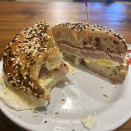 Sausage, egg, and cheese on a sesame bagel Sausage, egg, and cheese on a sesame bagel