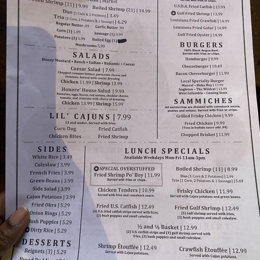 Honore's Cajun Cafe - Menu - Cajun/Creole Near Me - Manvel, Texas