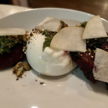 Harry's Fine Foods - Starter: burrata with charred beets, beet green chermoula, Asian pear, & pistachio dukkah - New American Near Me - Seattle, Washington Harry's Fine Foods - Starter: burrata with charred beets, beet green chermoula, Asian pear, & pistachio dukkah - New American Near Me - Seattle, Washington