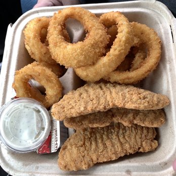 Splash Cafe - Chicken strips and onion ring combo 4/25/21 - American Near Me - Pismo Beach, California Splash Cafe - Chicken strips and onion ring combo 4/25/21 - American Near Me - Pismo Beach, California