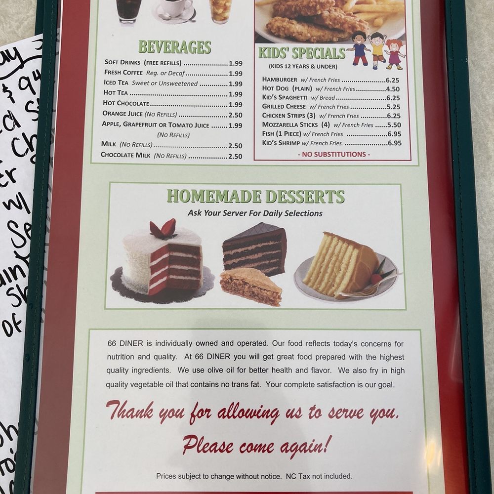 66 Diner - a menu for a coffee shop - Greek Near Me - Winston-Salem, North Carolina