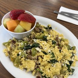 Turkey sausage omelet with feta and fruit
