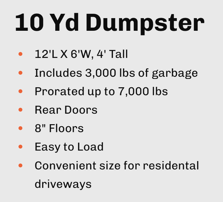 10 Yd Dumpster - JMA dumpsters provides fast and reliable dumpster rentals for Junk Management Assistance. Dumpsters are delivered, dropped off, and hauled away. Call for more information or to reserve.
10 Yd Dumpster:
12'L X 6'W, 4' Tall
Includes 3,000 lbs of garbage
Prorated up to 7,000 lbs
Rear Doors
8" Floors
Easy to Load
Convenient size for residental driveways 10 Yd Dumpster - JMA dumpsters provides fast and reliable dumpster rentals for Junk Management Assistance. Dumpsters are delivered, dropped off, and hauled away. Call for more information or to reserve.
10 Yd Dumpster:
12'L X 6'W, 4' Tall
Includes 3,000 lbs of garbage
Prorated up to 7,000 lbs
Rear Doors
8" Floors
Easy to Load
Convenient size for residental driveways