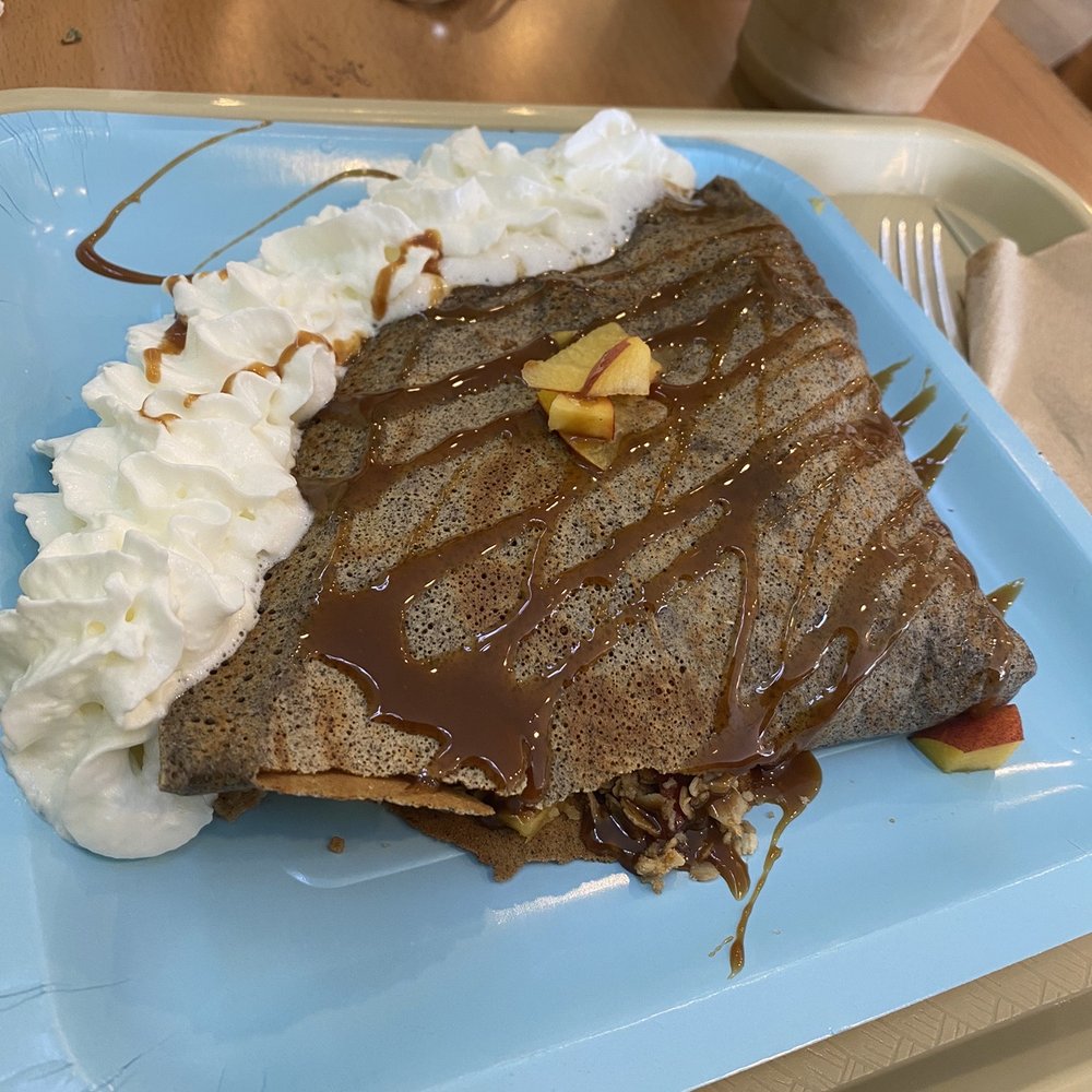 Dulce Crepes - Caramel Peaches crape made with buckwheat - Creperies Near Me - Fairfax, Virginia Dulce Crepes - Caramel Peaches crape made with buckwheat - Creperies Near Me - Fairfax, Virginia
