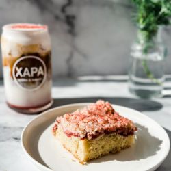 Xapa Coffee & Bakery - Raspberry Cream Cheese Coffee Cake with a Raspberry Iced Latte with Raspberry Cold Foam