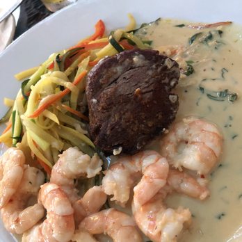 Hatteras Sol Waterside Grill - Steak and shrimp diavolo with double veggies instead of mashed potatoes - New American Near Me - Hatteras, North Carolina Hatteras Sol Waterside Grill - Steak and shrimp diavolo with double veggies instead of mashed potatoes - New American Near Me - Hatteras, North Carolina