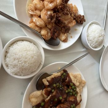 Panda Inn - Honey walnut shrimp and fish in black bean sauce. Lunch is served!! - Chinese Near Me - Glendale, California
