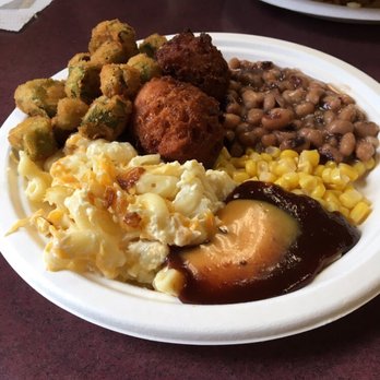 Dukes Barbecue - Fried okra, hush puppies, black eyed peas, corn, bbq sauce mixed, Mac and cheese - Barbeque Near Me - Walterboro, South Carolina