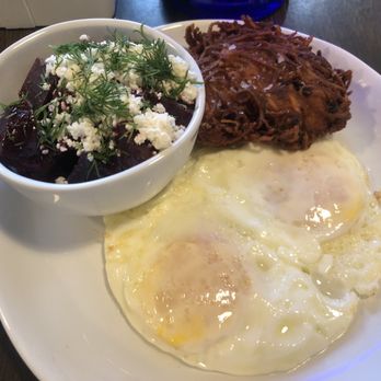 Oak Hill Post - Breakfast Combo (smoked beets, over medium eggs, latke) - New American Near Me - Pittsburgh, Pennsylvania