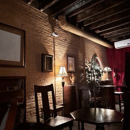 a dimly lit dining room