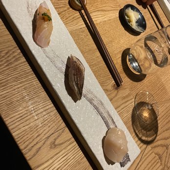 Sushi Jin - (Right to left) Scallop, Japanese barracuda, long tooth group - Sushi Bars Near Me - Mountain View, California Sushi Jin - (Right to left) Scallop, Japanese barracuda, long tooth group - Sushi Bars Near Me - Mountain View, California