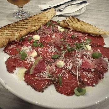 Lake House Restaurant - Carpaccio minus one piece of toast that my husband dove into - Mediterranean Near Me - Vineland, Ontario