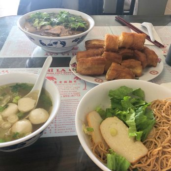 Mi La Cay - BBQ pork noodle soup (top) and Seafood noodles (bottom). Broth on the side. - Chinese Near Me - Westminster, California Mi La Cay - BBQ pork noodle soup (top) and Seafood noodles (bottom). Broth on the side. - Chinese Near Me - Westminster, California