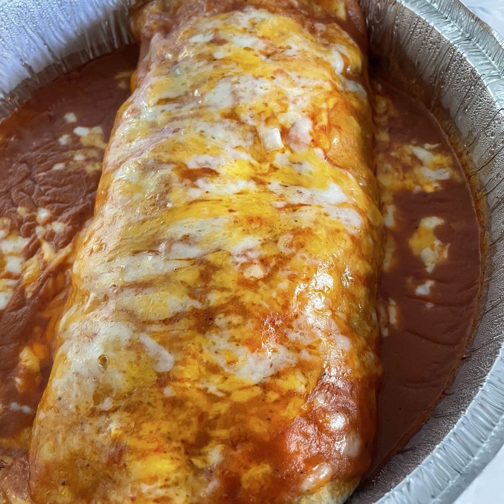 Carne Asada Burrito (wet) with red sauce and cheese