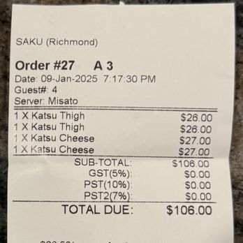 Saku - Receipt - Japanese Near Me - Richmond, British Columbia
