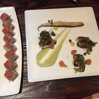 KUU Restaurant - Poseidon roll and Salted mackerel with Brussels sprouts. - Japanese Near Me - Houston, Texas