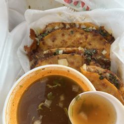 Quesobirria tacos with broth. The broth was water, no meat, it was so bland and watery. Don't come here!