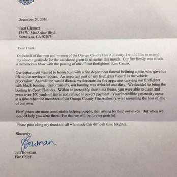 Crest Cleaners - Frank and crew doing what they do best!!!     Letter from the Fire Chief of Orange County!  Keep up the outstanding service! - Laundry Services Near Me - Santa Ana, California