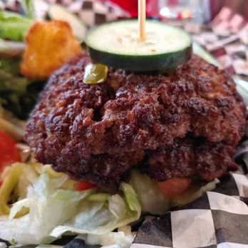 Rogers Roundhouse - No cheese and no bun RRH burger with a side salad - Beer Gardens Near Me - Fort Worth, Texas
