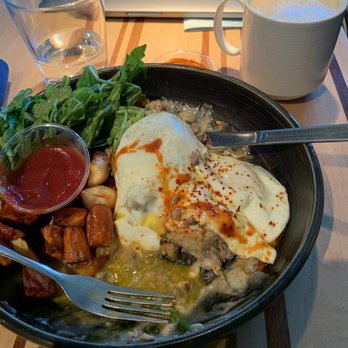 Root Down DIA - GF millet drop biscuits and antelope gravy with eggs. OG Chai latte with almond milk. - New American Near Me - Denver, Colorado