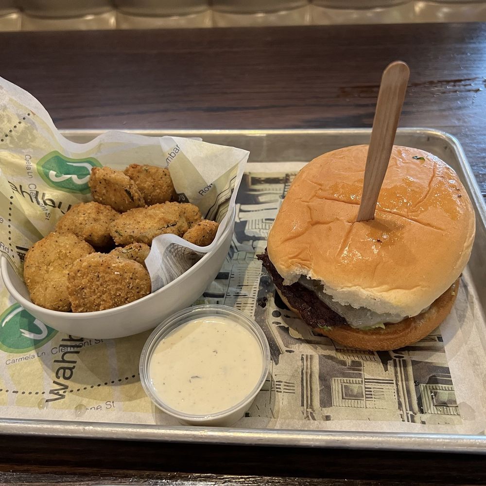 Wahlburgers - BBQ BACON BURGER with fried pickles - Burgers Near Me - Bloomington, Minnesota Wahlburgers - BBQ BACON BURGER with fried pickles - Burgers Near Me - Bloomington, Minnesota