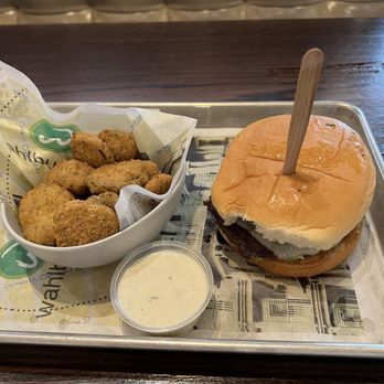 Wahlburgers - BBQ BACON BURGER with fried pickles - Burgers Near Me - Bloomington, Minnesota Wahlburgers - BBQ BACON BURGER with fried pickles - Burgers Near Me - Bloomington, Minnesota