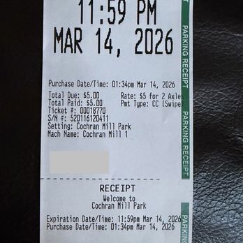 Cochran Mill Green Loop - Parking receipt - Hiking Near Me - Palmetto, Georgia Cochran Mill Green Loop - Parking receipt - Hiking Near Me - Palmetto, Georgia