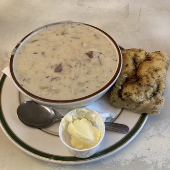 Old World Gingerbread Village - Clam chowder with focaccia bread - Desserts Near Me - Mapleton, Oregon