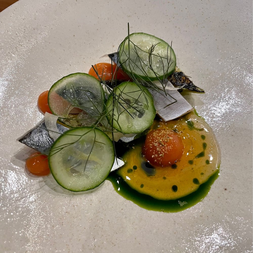 Demi - Mackerel escabeche with fermented plum and dashi coulis - French Near Me - Minneapolis, Minnesota Demi - Mackerel escabeche with fermented plum and dashi coulis - French Near Me - Minneapolis, Minnesota