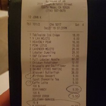 AnQi Bistro - Receipt tab - Asian Fusion Near Me - Costa Mesa, California