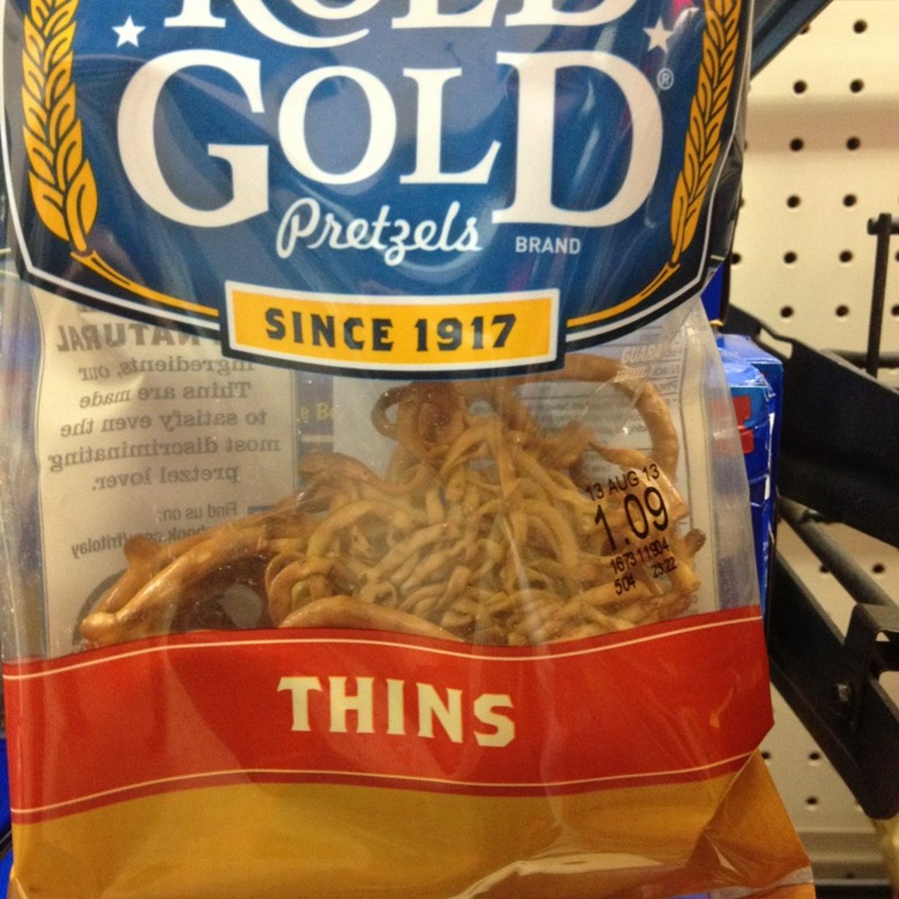 My son and I found this bag of pretzels on the shelf here.