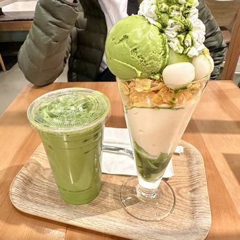 Nana’s Green Tea - Matcha Latte (left), Matcha Mochi Parfait (right) - Japanese Near Me - Seattle, Washington