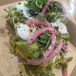 Avocado toast with 2 eggs. Pickled onions and red pepper flakes. Delish!!! Avocado toast with 2 eggs. Pickled onions and red pepper flakes. Delish!!!