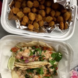 A Square Meal On Wheels - Mobile Food Truck - Fish tacos and okra. Both delicious and definitely enough to share!