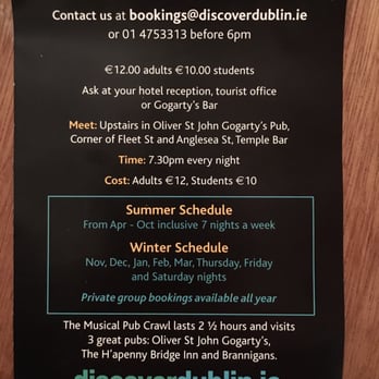 Traditional Irish Musical Pub Crawl - Brochure with contact info - Tours Near Me - Dublin, D
