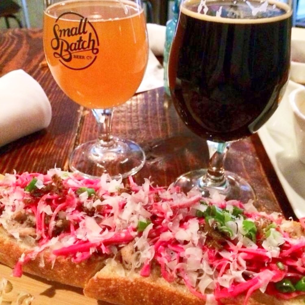Small Batch - Sitting Duck (shredded duck confit - pickled red cabbage - orange glaze - crispy duck skin - grana padano - green onion) - Breweries Near Me - Winston-Salem, North Carolina