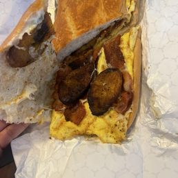 Sweet bread with egg sausage and bacon