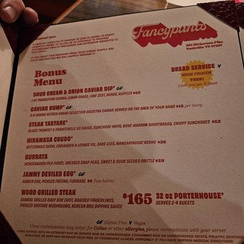 Fancypants - Bonus Menu - Steakhouses Near Me - Nashville, Tennessee