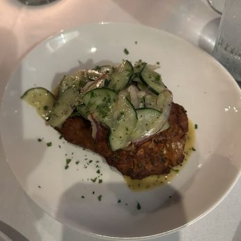 Bourbons Bistro - Salmon crab cakes with cucumbers - Southern Near Me - Louisville, Kentucky