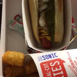 American hot dog and tater tots