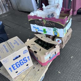 Case of eggs, pineapple, honey dew, pancetta, half chicken, brisket. Can't wait to try the pancetta ham Case of eggs, pineapple, honey dew, pancetta, half chicken, brisket. Can't wait to try the pancetta ham