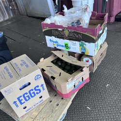 Rinella Produce - Case of eggs, pineapple, honey dew, pancetta, half chicken, brisket. Can't wait to try the pancetta ham