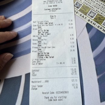 Island Rootz Cafe by Aunty Mailes - Receipt - Hawaiian Near Me - Gardena, California Island Rootz Cafe by Aunty Mailes - Receipt - Hawaiian Near Me - Gardena, California