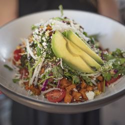 Besito Mexican Restaurant - Huntington NY - Greens, roasted corn, avocado, queso fresco, tomatoes, pumpkin seeds, jicama, chipotle sweet potato, agave-lime vinaigrette {gf}