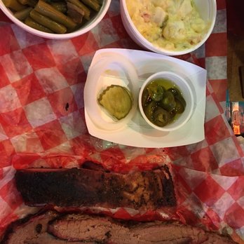 The Backyard BBQ & Grill - 2 meat plate.  Rib & brisket.  Sides = potato casserole and green beans - Barbeque Near Me - Ruidoso, New Mexico