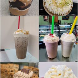 Wishflower Bakery & Creamery Shoppe - a collage of some treats available: PB Hot fudge sundea, Mini Key lime pies, Iced coffee, milkshakes, Kinder Cookie Pie, Red Velvet Cupcake