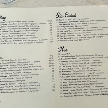 The Snail - Drinks - A menu from The Snail restaurant in Brooklyn, NY, displaying sections for Sparkling, White, and Red wines. It lists wine names, vintages, and prices per glass or bottle. The menu has a simple, clean design with black text on a white background, and includes detailed descriptions of each wine. The menu is partially visible, showing a variety of wine options and their respective prices. - American Near Me - Brooklyn, New York