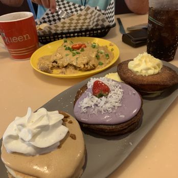 My Cafe - Flight of pancakes, front, middle side of chicken fried steak and back breakfast Burrito. - Breakfast & Brunch Near Me - Kapolei, Hawaii My Cafe - Flight of pancakes, front, middle side of chicken fried steak and back breakfast Burrito. - Breakfast & Brunch Near Me - Kapolei, Hawaii