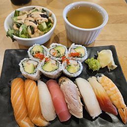 Assorted Sushi Set (14 pc) served with miso soup and salad / $17.99 Assorted Sushi Set (14 pc) served with miso soup and salad / $17.99